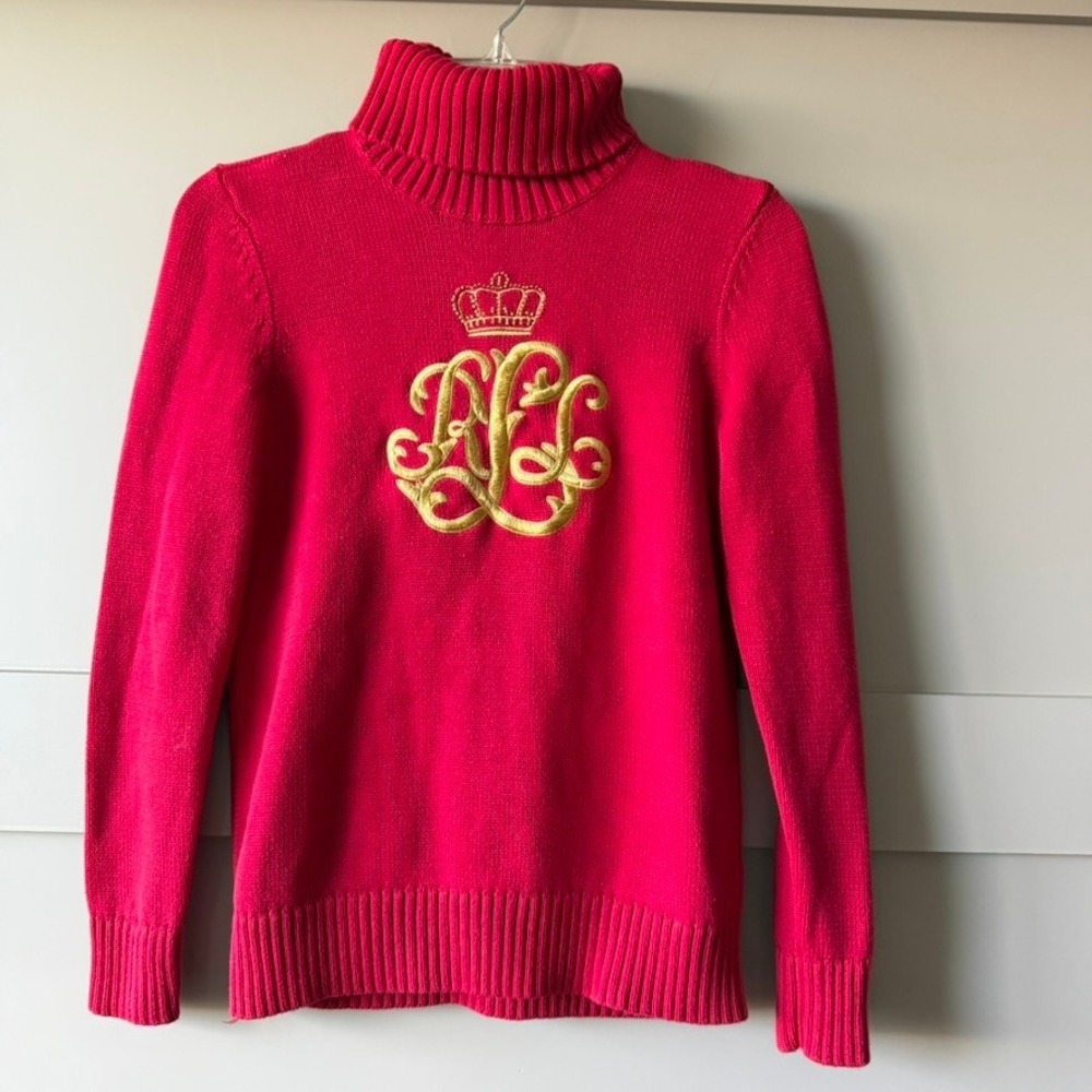 Lauren Ralph Lauren Cotton Turtleneck Sweater Womens S Red Crest Intarsia Knit